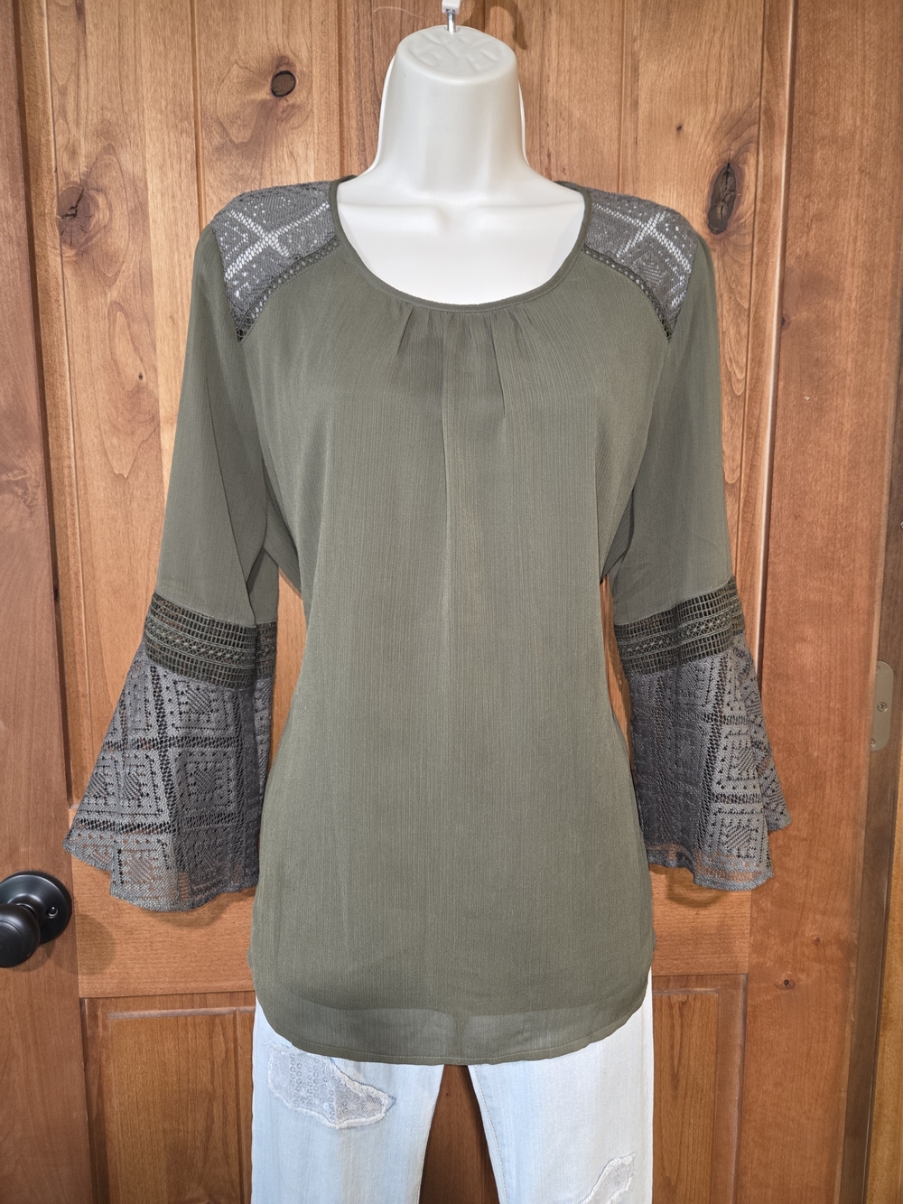 AGB Olive Green Bell-Sleeve Lace Accent Blouse